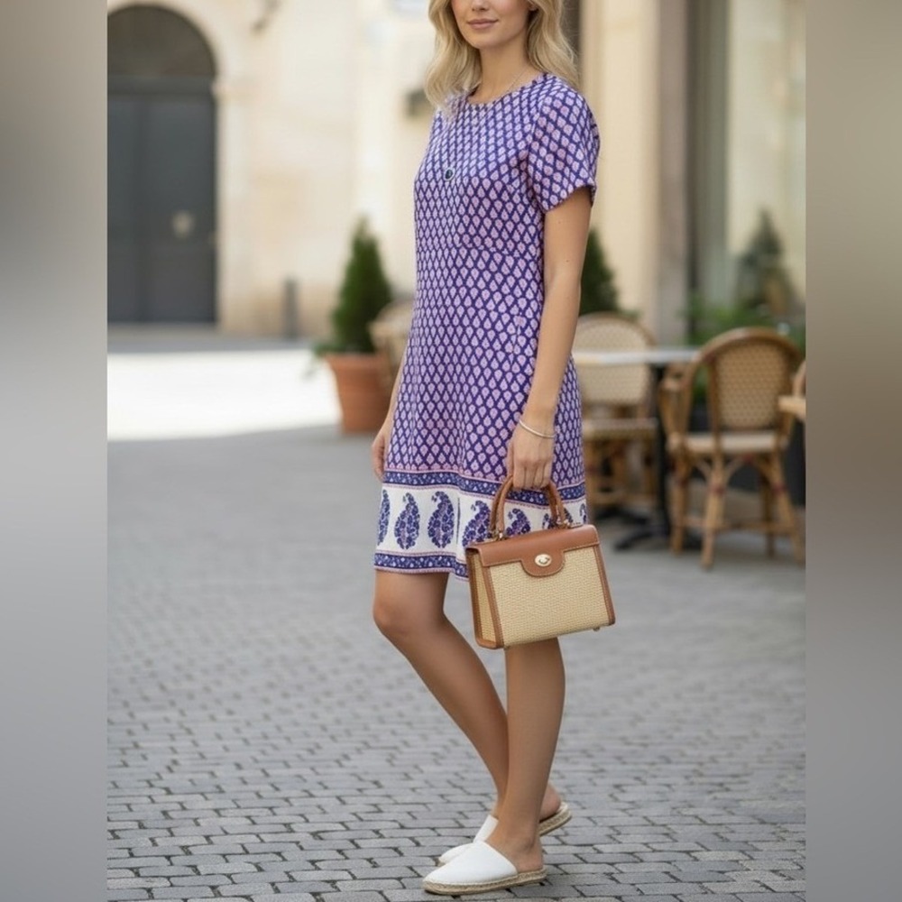 J. Crew Paisley Print Shift Dress Womens 4 Blue Red Floral Boho Summer Vacation